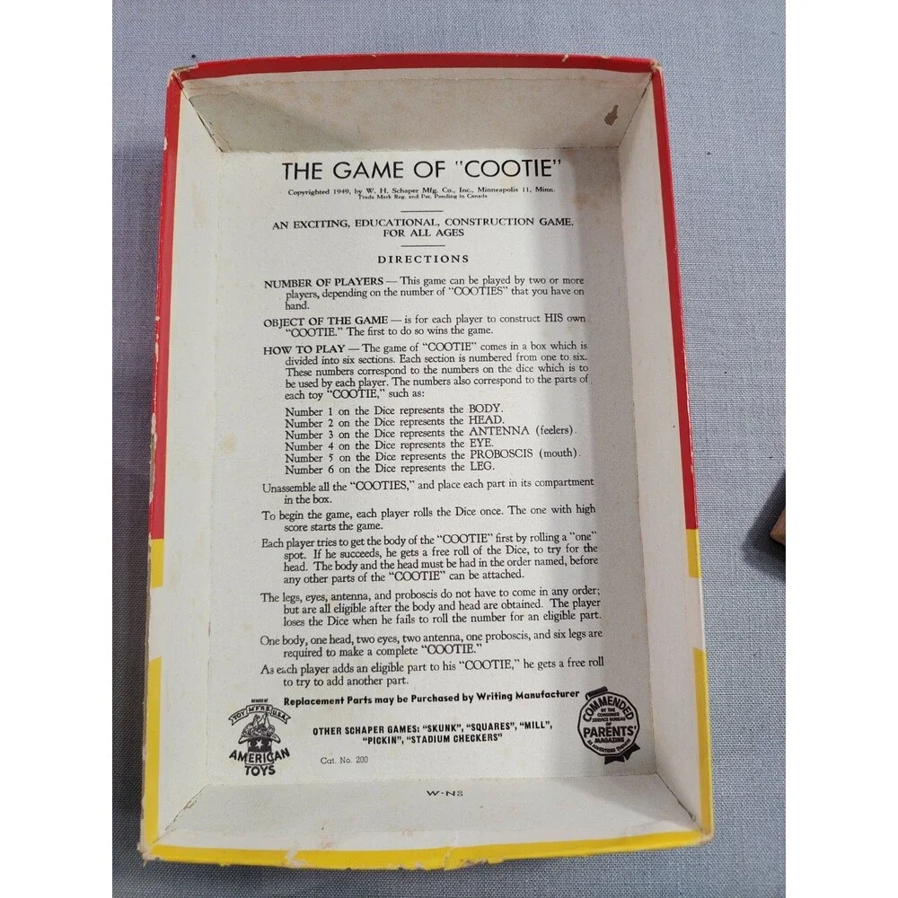 Vintage 1949 The Game of Cootie W.H. Schaper No. 200 Incomplete Original Box